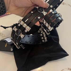 Maje Black Multi-Strap Leather Belt with Silver Studs and Gem Accents